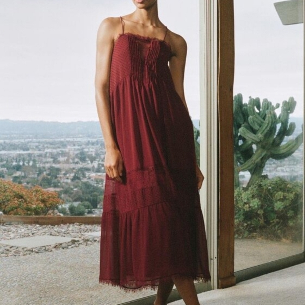 Zara Burgundy Lace Midi Romantic Dress Size Medium Boho Whimsigoth Slip Dress